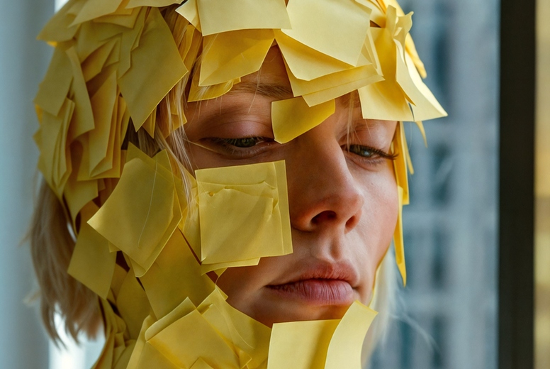 A face covered with post-its.