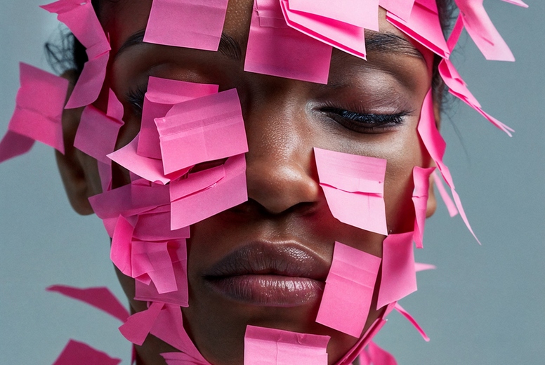 A female face covered with post-its.