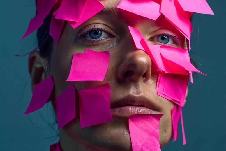 A male face covered with pink post-its
