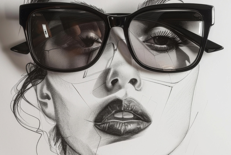 A pencil sketch of a female face with real sunglasses