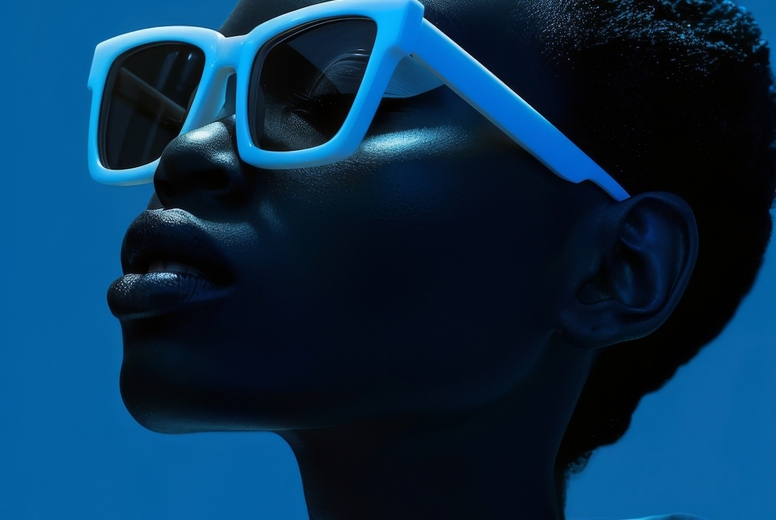 Young black woman model in sunglasses in fashion editorial style