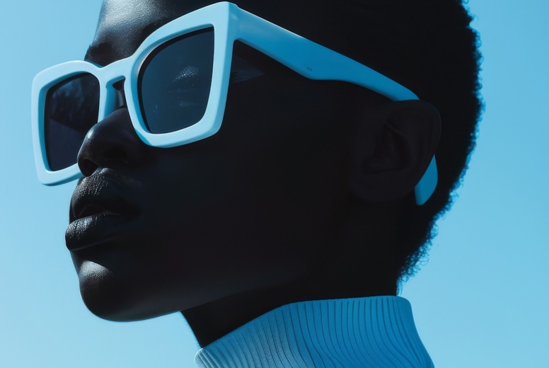 Young black woman model in sunglasses in fashion editorial style
