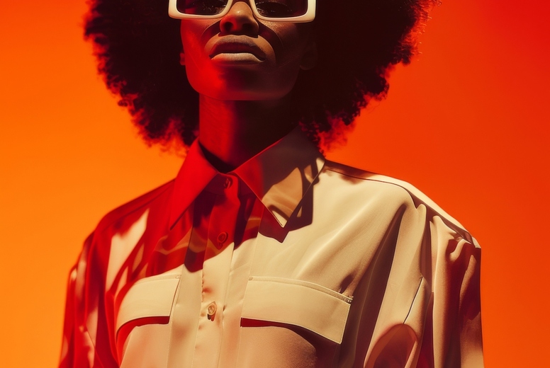 Young black woman model in sunglasses in fashion editorial style