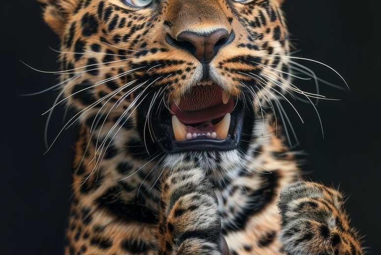 Very surprised leopard with open mouth
