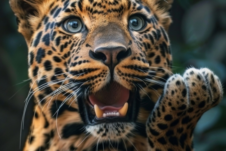 Very surprised leopard with open mouth