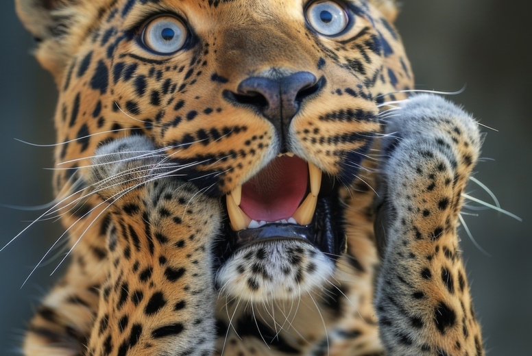 Very surprised leopard with open mouth