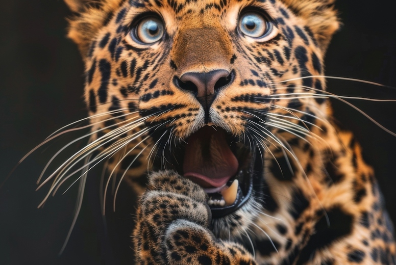 Very surprised leopard with open mouth