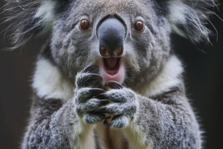 Very surprised koala with open mouth