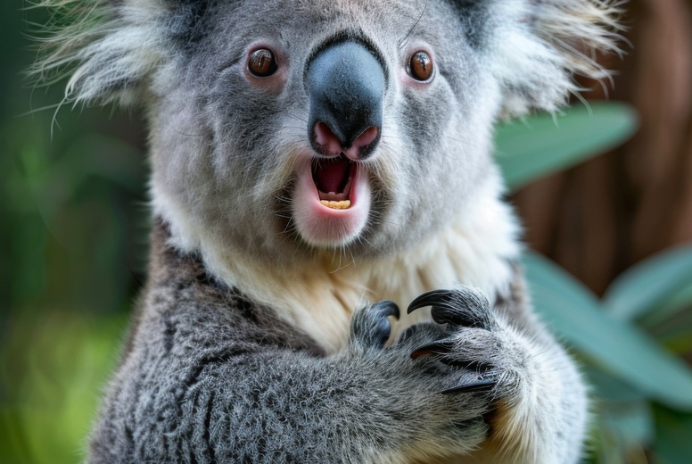 Very surprised koala with open mouth