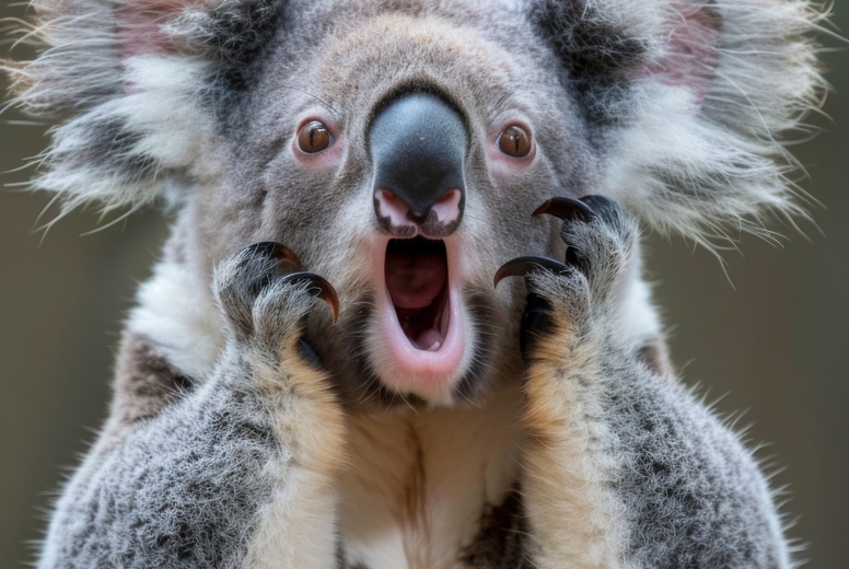 Very surprised koala with open mouth