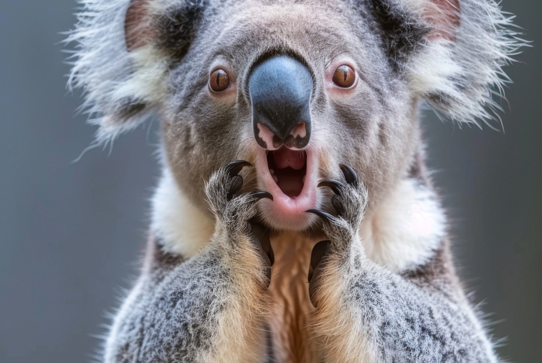 Very surprised koala with open mouth