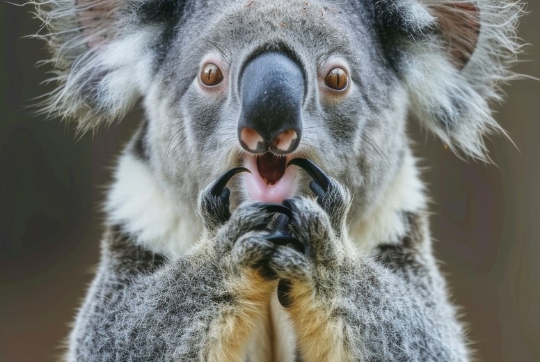 Very surprised koala with open mouth