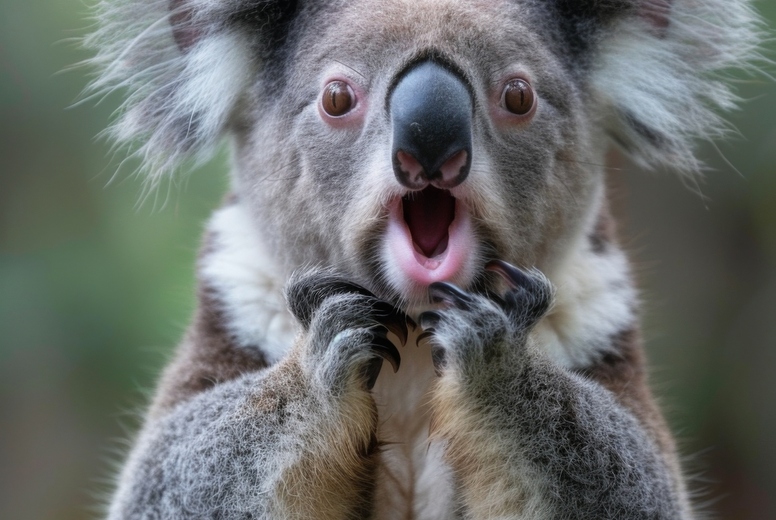Very surprised koala with open mouth