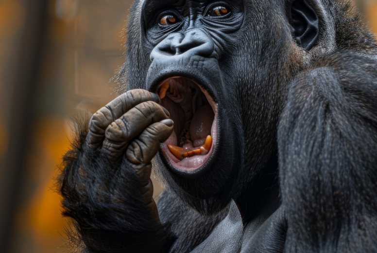 Very surprised gorilla with open mouth