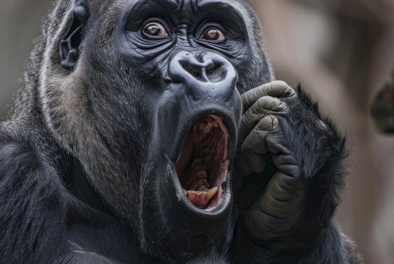 Very surprised gorilla with open mouth