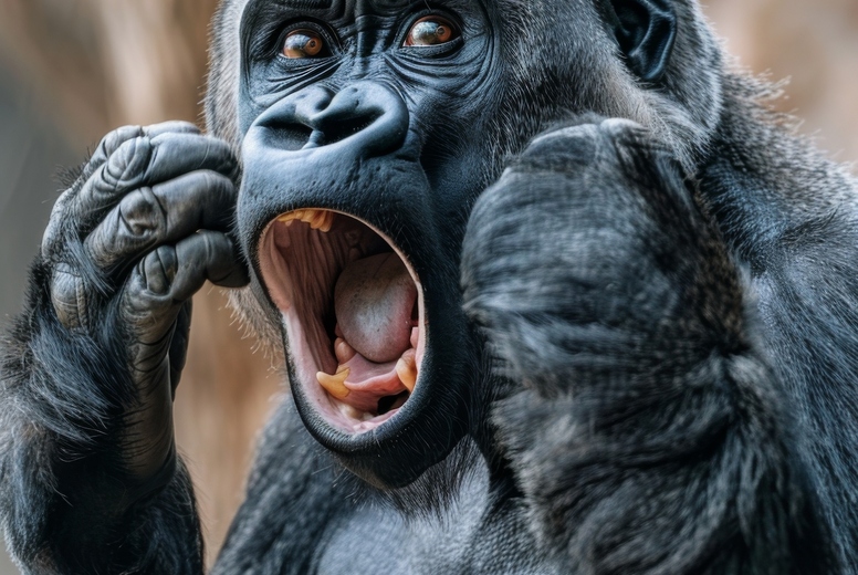 Very surprised gorilla with open mouth