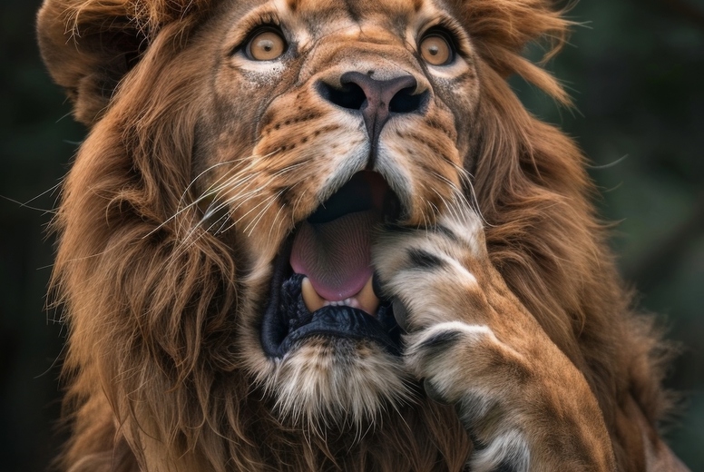 Very surprised lion with open mouth