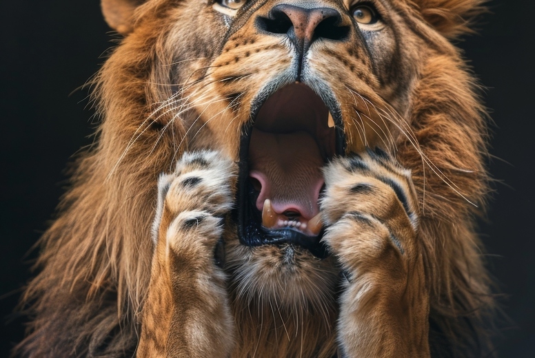 Very surprised lion with open mouth