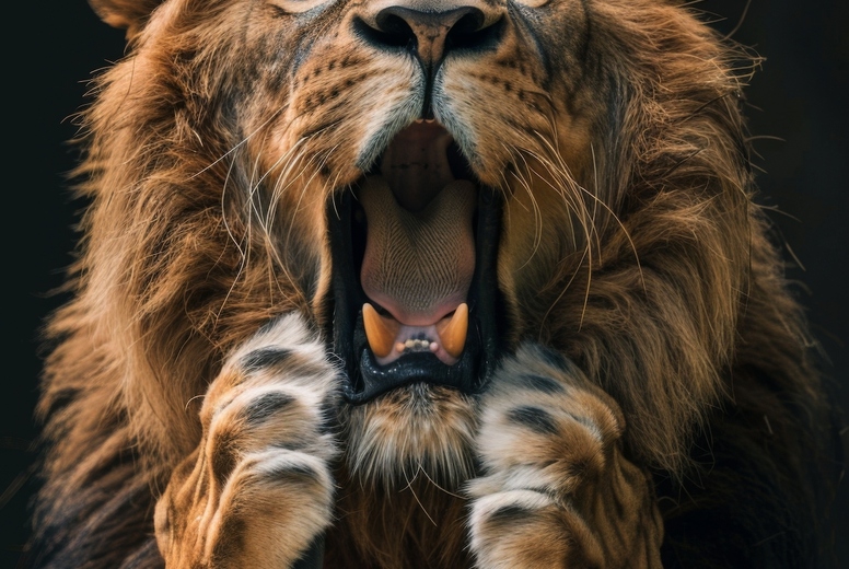 Very surprised lion with open mouth