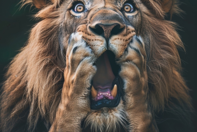 Very surprised lion with open mouth