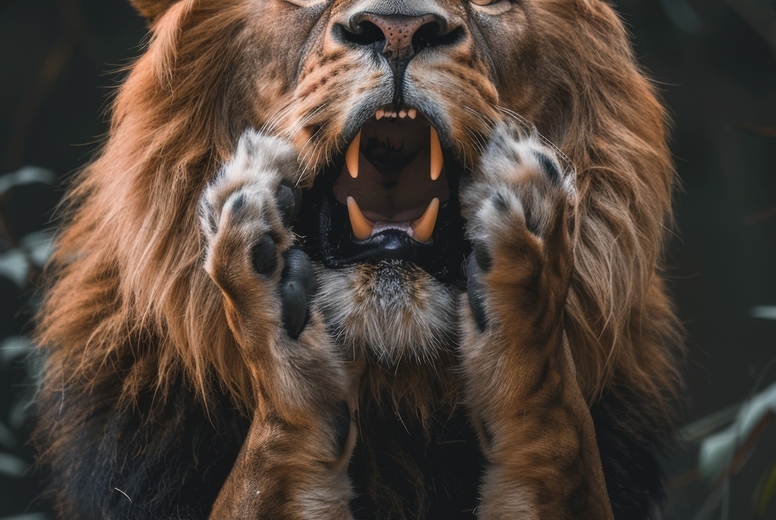 Very surprised lion with open mouth