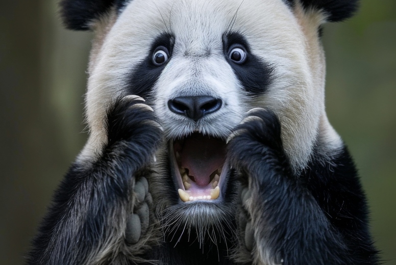 Very surprised panda with open mouth
