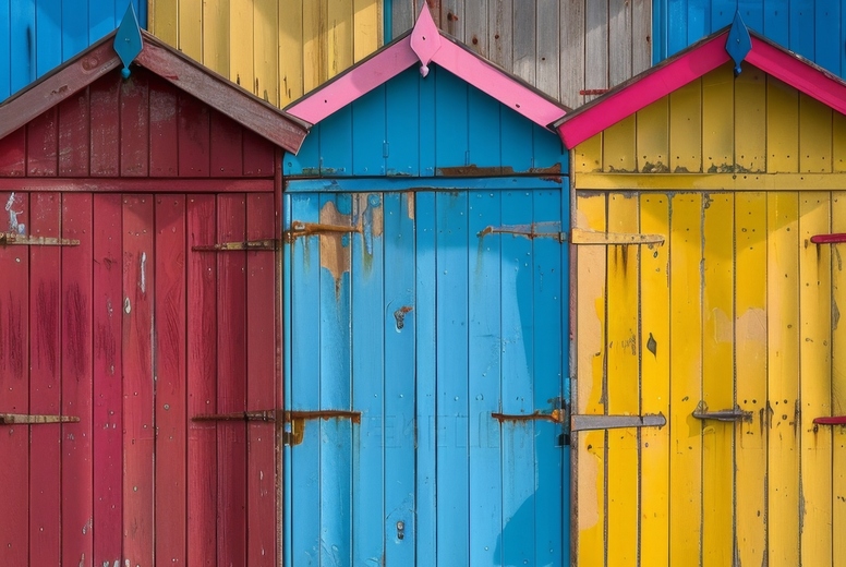 Brightly colored beach huts
