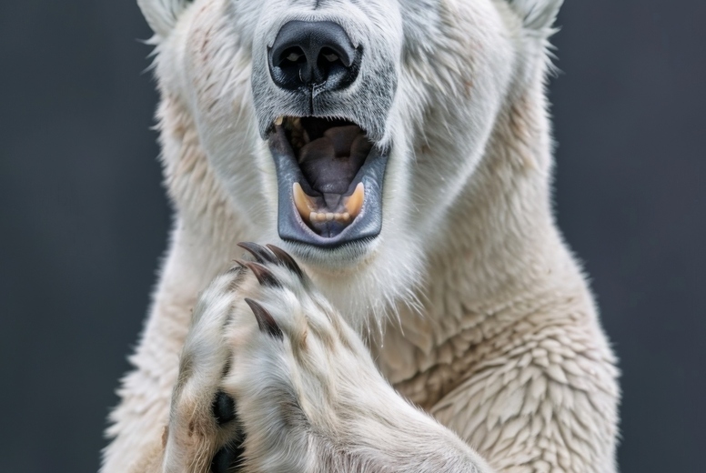 Very surprised polar bear with open mouth