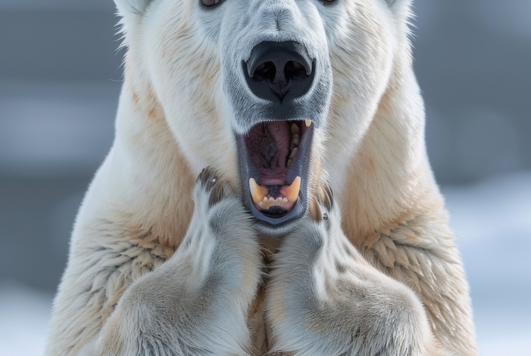 Very surprised polar bear with open mouth
