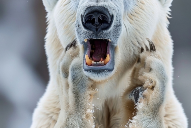 Very surprised polar bear with open mouth