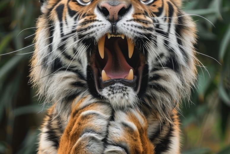 Very surprised tiger with open mouth