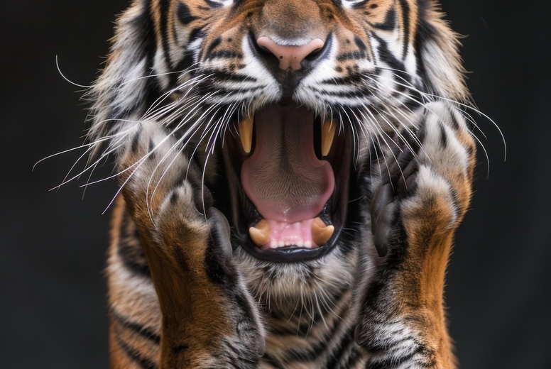 Very surprised tiger with open mouth