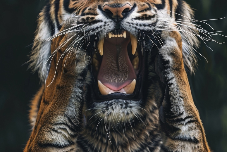 Very surprised tiger with open mouth