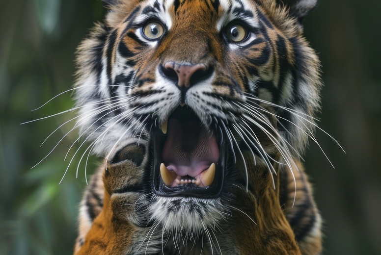 Very surprised tiger with open mouth