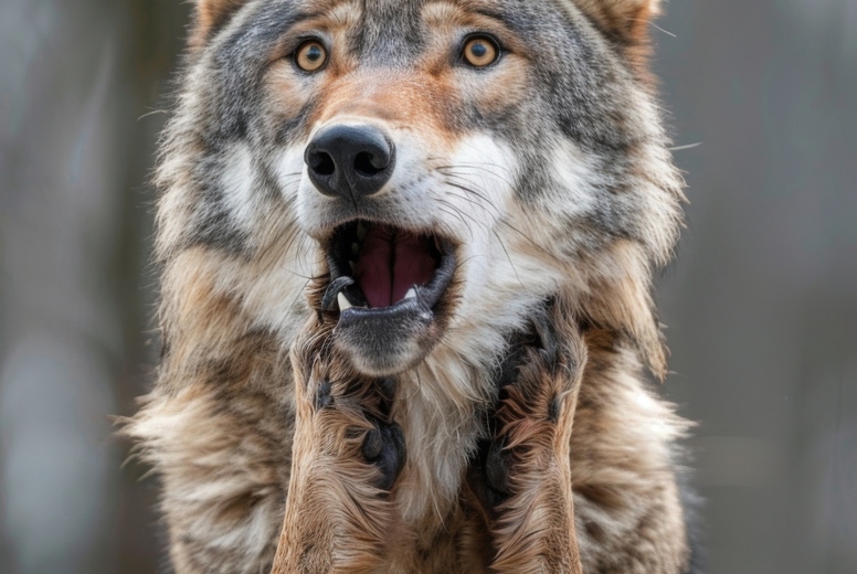 Very surprised wolf with open mouth