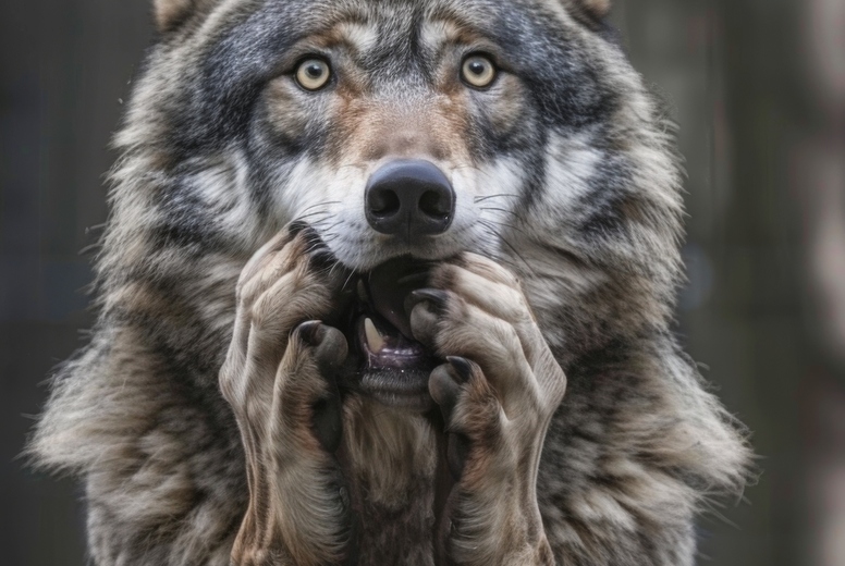 Very surprised wolf with open mouth