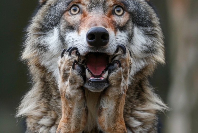 Very surprised wolf with open mouth