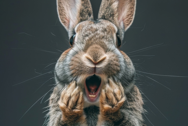 Very surprised rabbit with open mouth