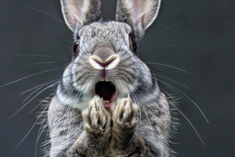 Very surprised rabbit with open mouth