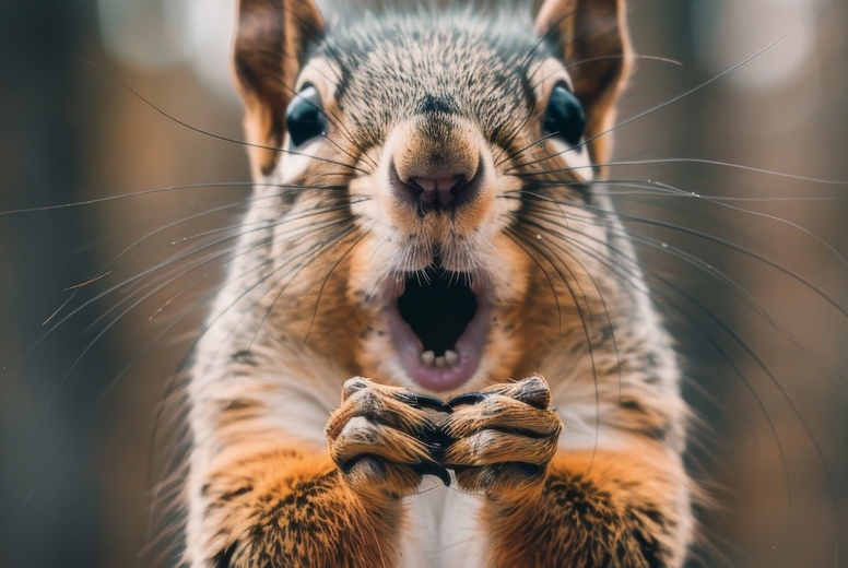 Very surprised squirrel with open mouth