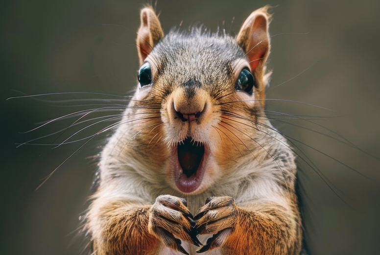Very surprised squirrel with open mouth
