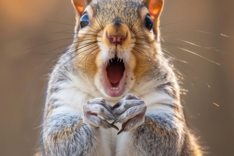 Very surprised squirrel with open mouth
