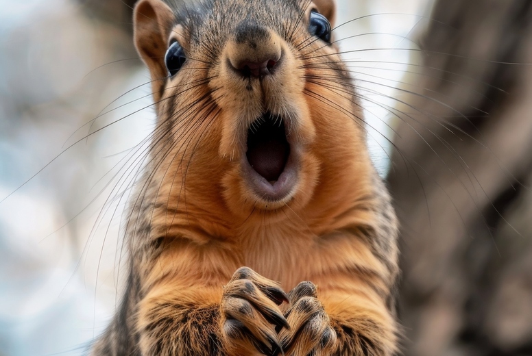 Very surprised squirrel with open mouth