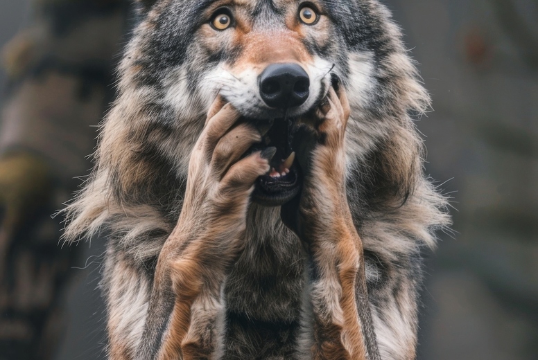 Very surprised wolf with open mouth