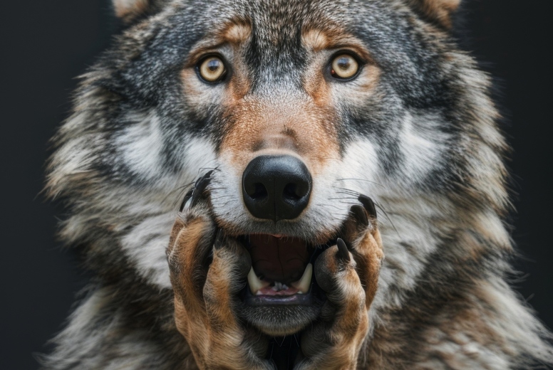 Very surprised wolf with open mouth