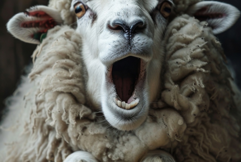 Very surprised sheep with open mouth