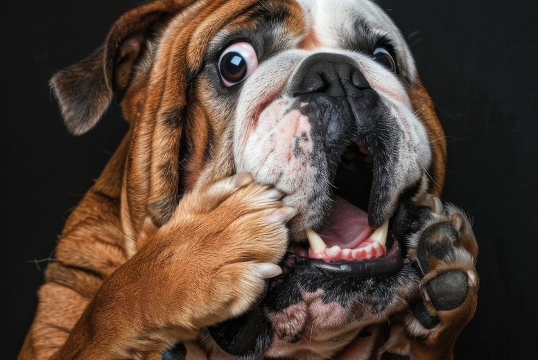 Very surprised bulldog with open mouth