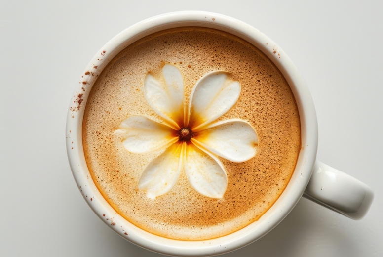 Top view of a cup of coffee with flower