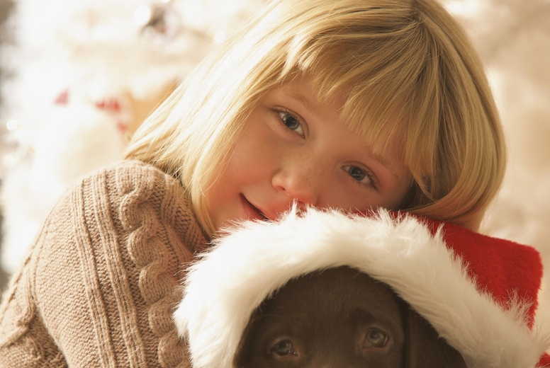 Young girl hugging a puppy wearing a Christmas hat