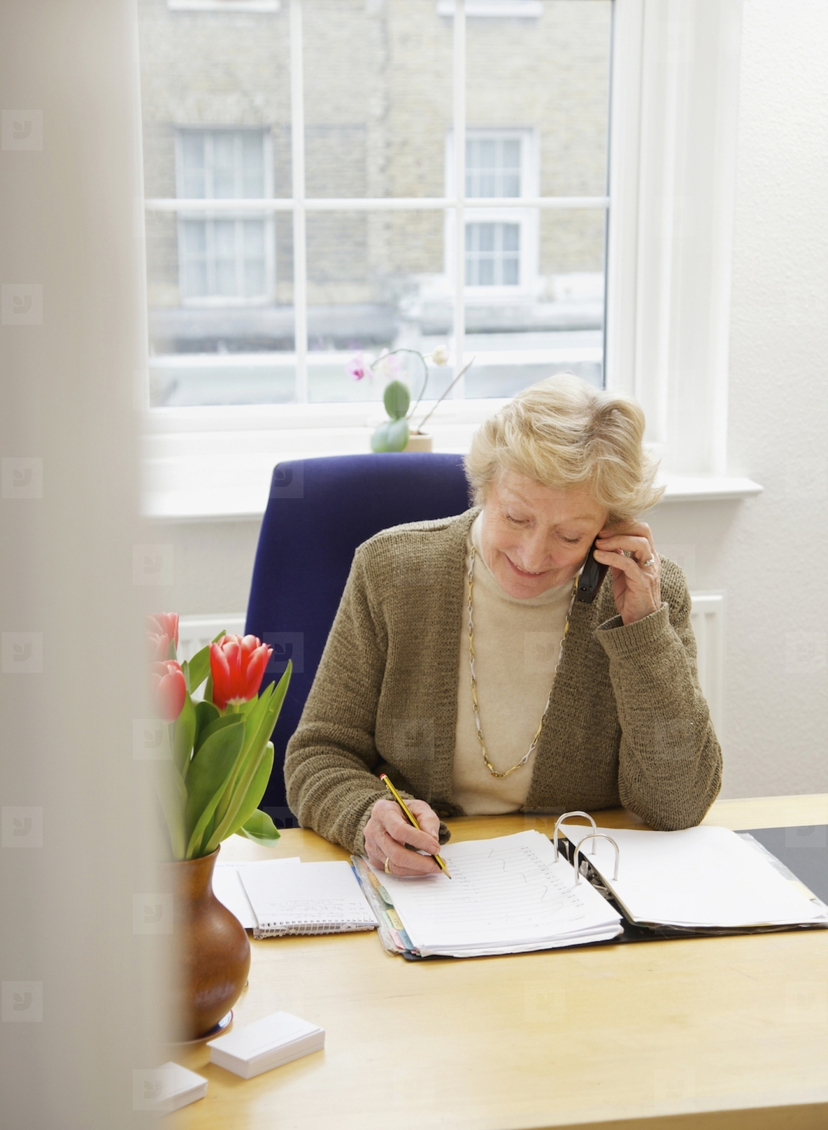 Senior Businesswoman Sitting at Desk Using Telephone